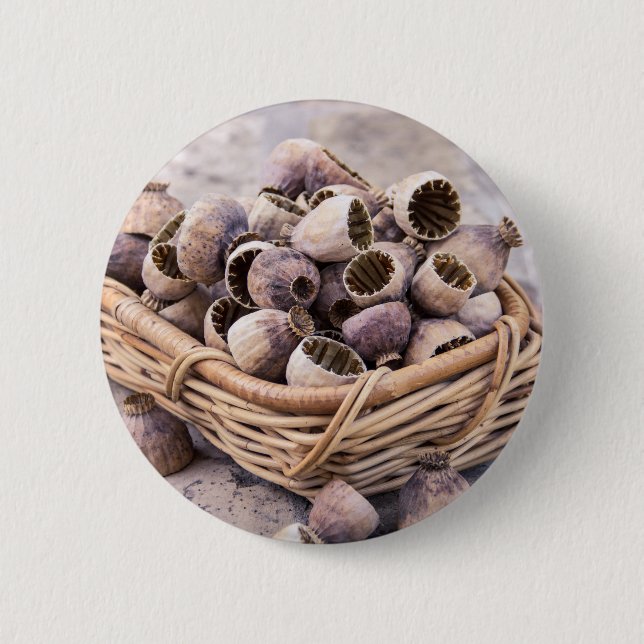 Basket of Dried Pod Poppy Seeds Button (Front)