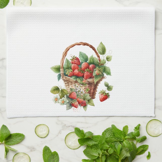 Basket of Fresh Strawberries Kitchen Towel (Folded)