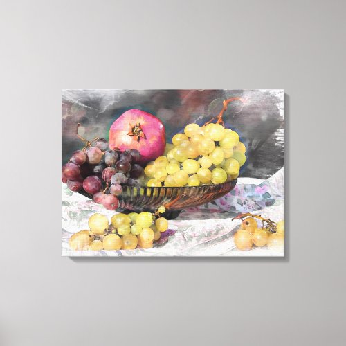 Basket of Fruit Grapes Pomegranate Still Life Canvas Print