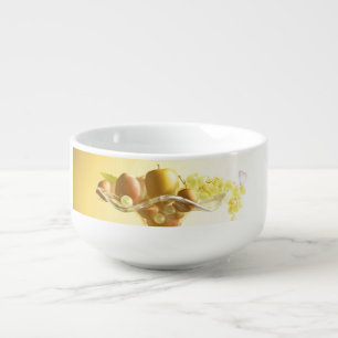 Basket of glass with fruits and batterfly soup mug