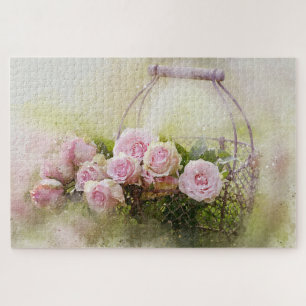 Basket of Pink Roses Jigsaw Puzzle