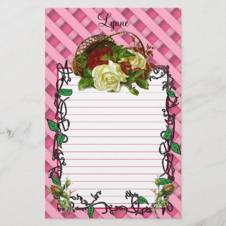 Basket Of Red And White Roses Stationery