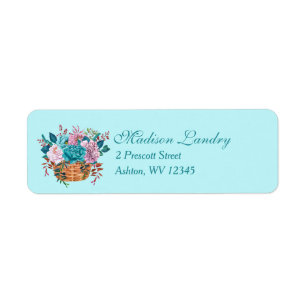 Basket of Teal Blue and Lavender Flowers Label