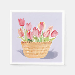 Basket of Tulips Floral Watercolor Painting Napkins
