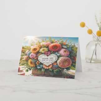 basket of vibrant flowers thank you card
