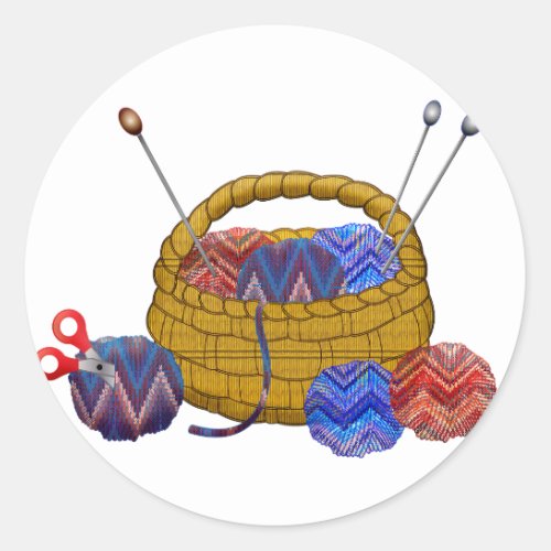Basket of Yarn Knitting Needles Crochet Craft Classic Round Sticker