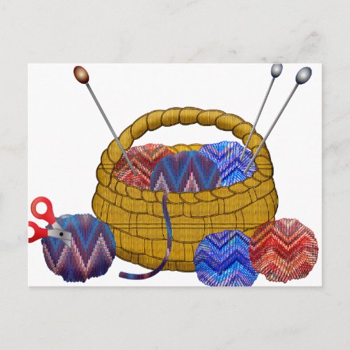 Basket of Yarn Knitting Needles Crochet Craft Postcard