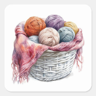 Basket of Yarn Wool Knitting Crochet Square Sticker