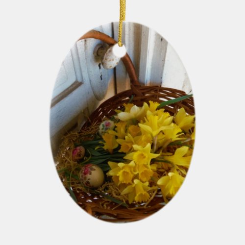 Basket of Yellow Daffodilswhite antique door Ceramic Ornament