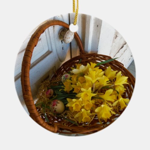 Basket of Yellow Daffodilswhite antique door Ceramic Ornament