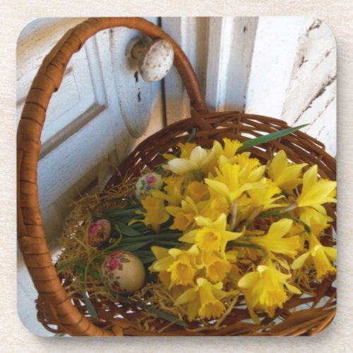 Basket of Yellow Daffodilswhite antique door Drink Coaster