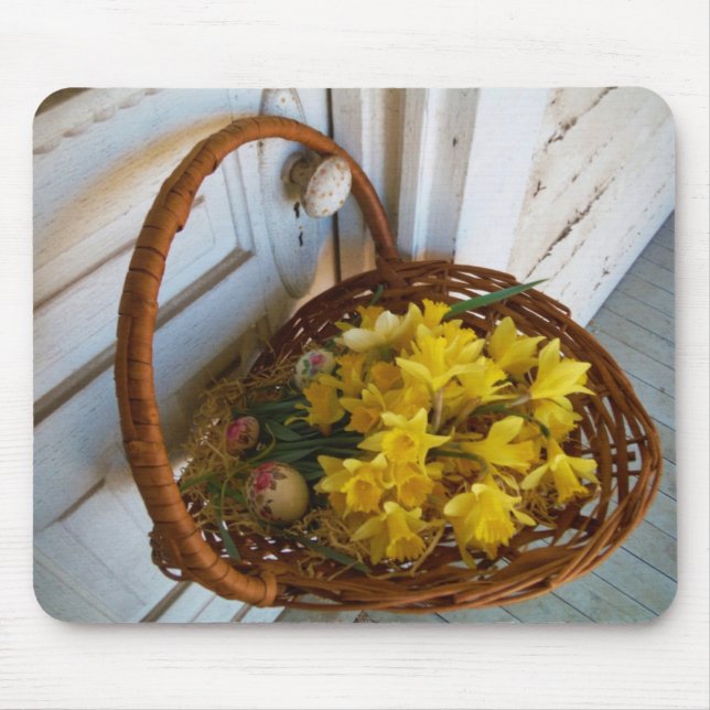 Basket of Yellow Daffodils,white antique door Mouse Pad (Front)