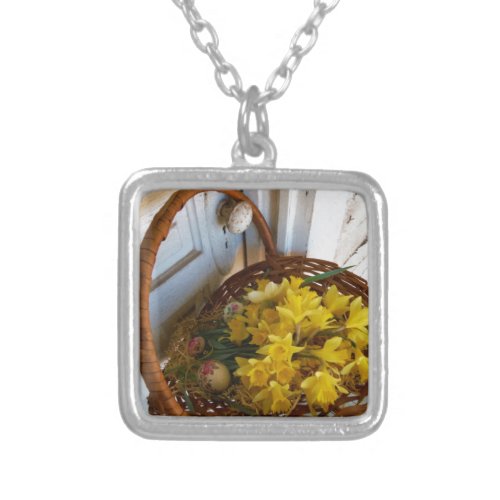 Basket of Yellow Daffodilswhite antique door Silver Plated Necklace