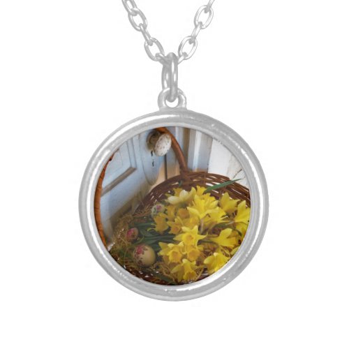 Basket of Yellow Daffodilswhite antique door Silver Plated Necklace