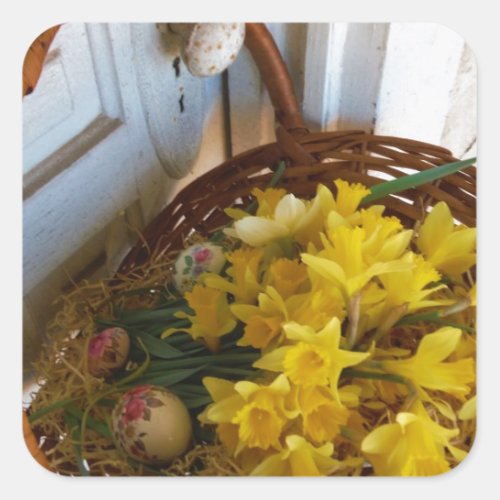 Basket of Yellow Daffodilswhite antique door Square Sticker