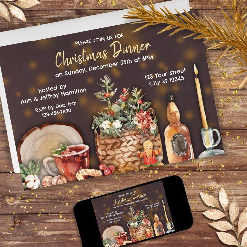 Basket Ornaments Foods Drinks Christmas Dinner Invitation