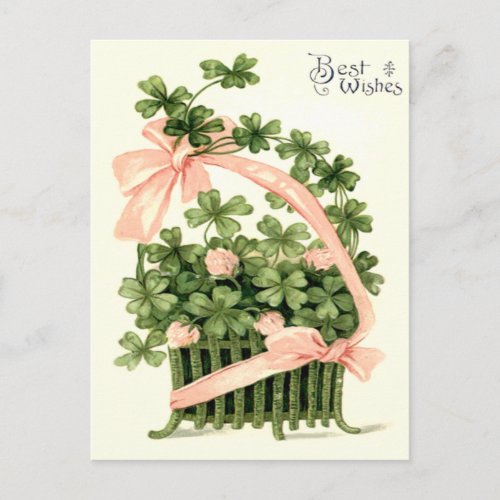 Basket Pink Ribbon Shamrock Four Leaf Clover Postcard