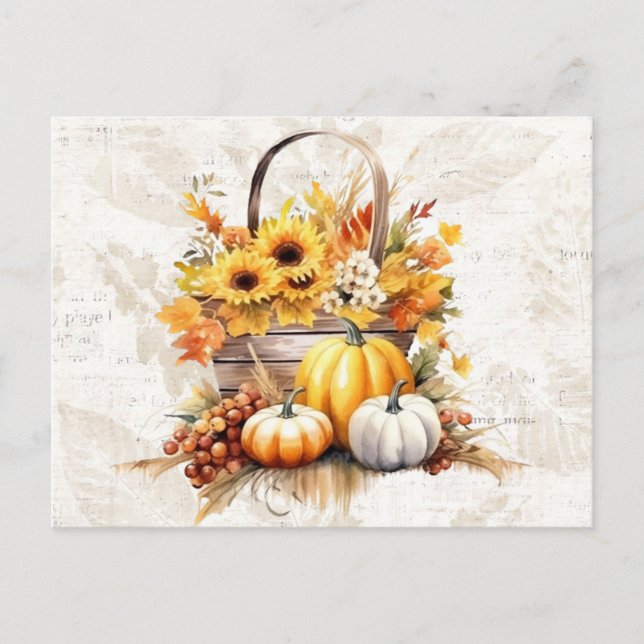 Basket Sunflowers Leaves Pumpkins Fall Halloween Holiday Postcard (Front)