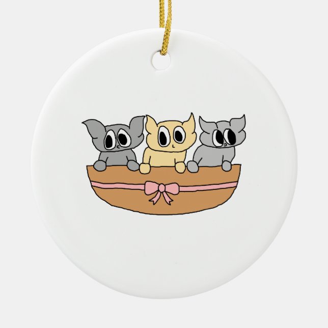 Basket with 3 Kittens, Cartoon. Ceramic Ornament (Front)