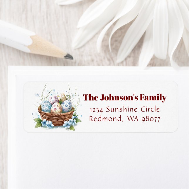 Basket with Easter eggs and floral address Label (Insitu)
