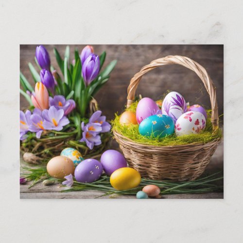 Basket with Easter Painted Eggs Crocus Flowers  Holiday Postcard