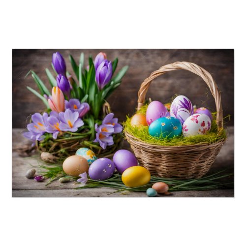 Basket with Easter Painted Eggs Crocus Flowers  Poster