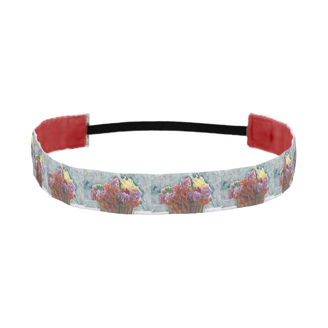 Basket with red purple pink and yellow flowers athletic headband (Front)