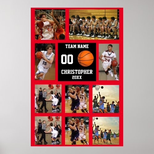 Basketball 10 Photo collage Red team name Poster