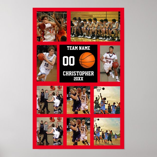 Basketball 10 Photo collage Red team name Small Poster (Front)