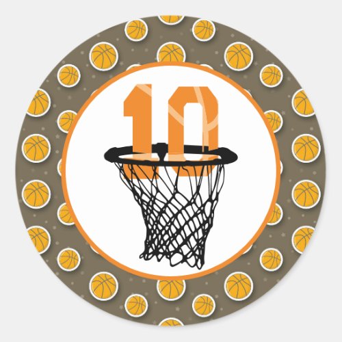 Basketball  10th Birthday with number in mini hoop Classic Round Sticker