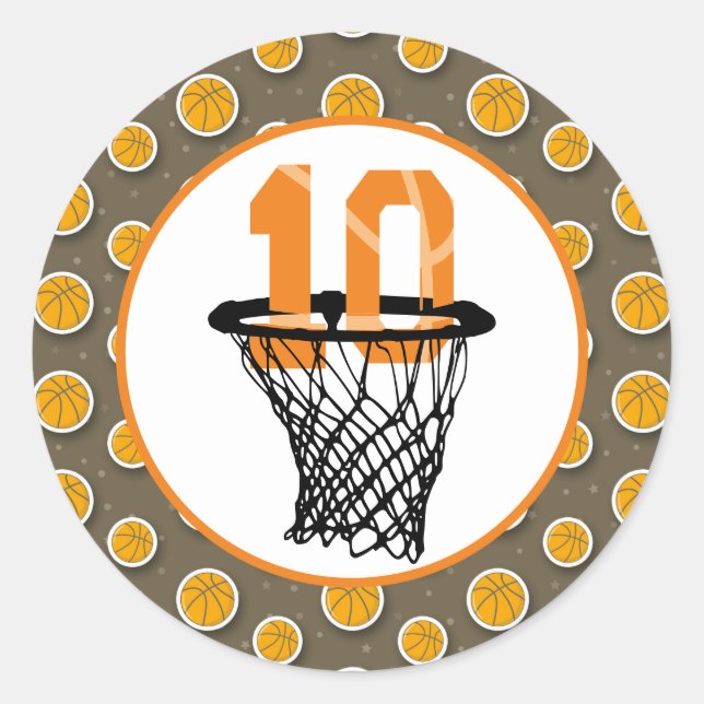 Basketball  10th Birthday with number in mini hoop Classic Round Sticker (Front)