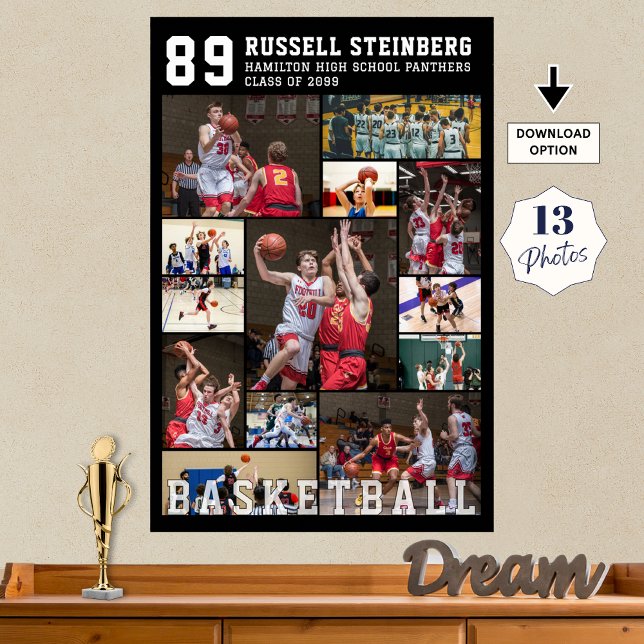 Basketball 13 Photo Collage Player Name Number Poster (Creator Uploaded)