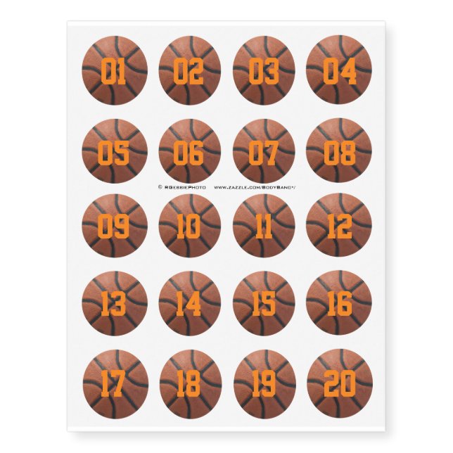 Basketball 20 Player Team Tryouts Temporary Tattoos (Front)