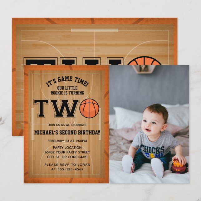 Basketball 2nd Birthday Photo Invitation (Front/Back)
