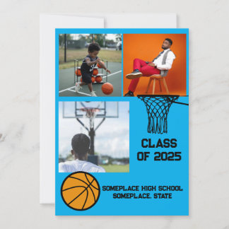 Basketball 3 Photo Collage Light Blue Graduation Invitation
