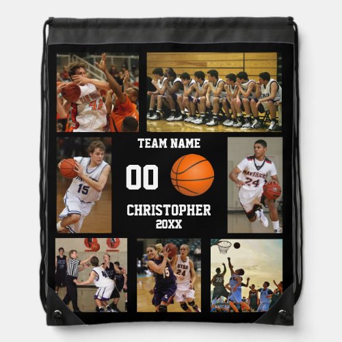 Basketball 7 Photo Collage Drawstring Bag