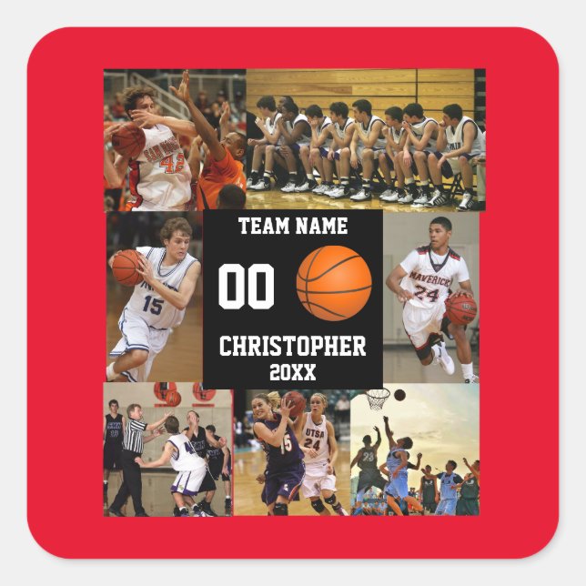 Basketball 7 Photo collage Red team name Square Sticker (Front)
