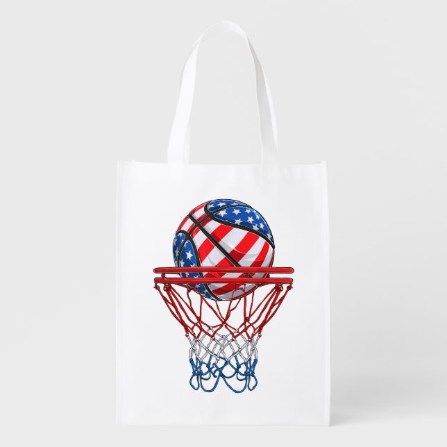 Basketball American Patriotic 4th Of July US Flag Grocery Bag (Front)