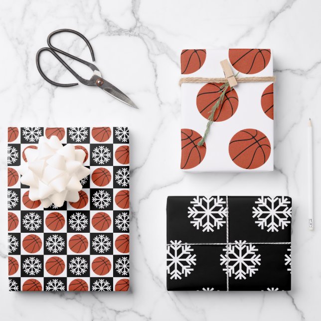 Basketball and Snowflake Black and White Christmas Wrapping Paper Sheets (Front)