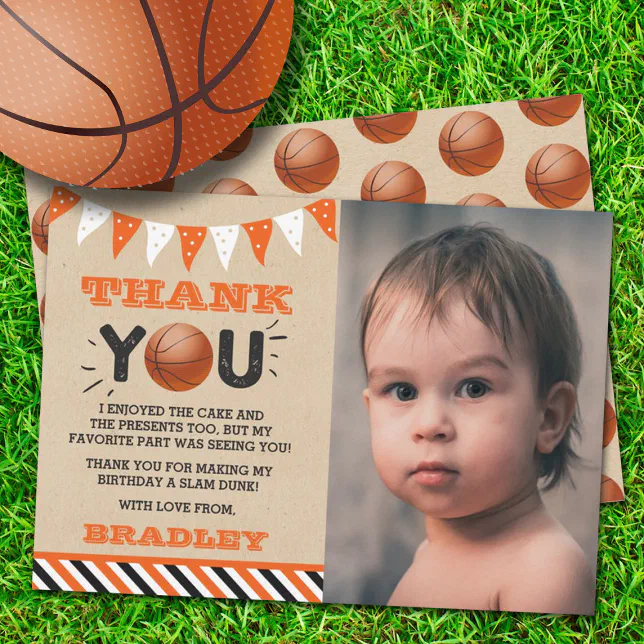 Basketball Any Age Birthday Photo Thank You Card | Zazzle