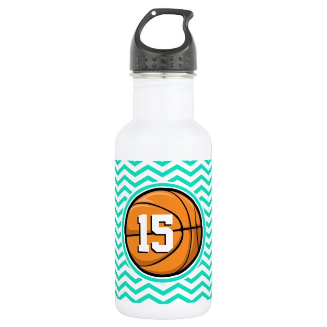 Basketball; Aqua Green Chevron Stainless Steel Water Bottle (Front)