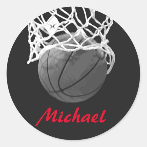 Basketball Artwork Your Name Black White Red  Classic Round Sticker