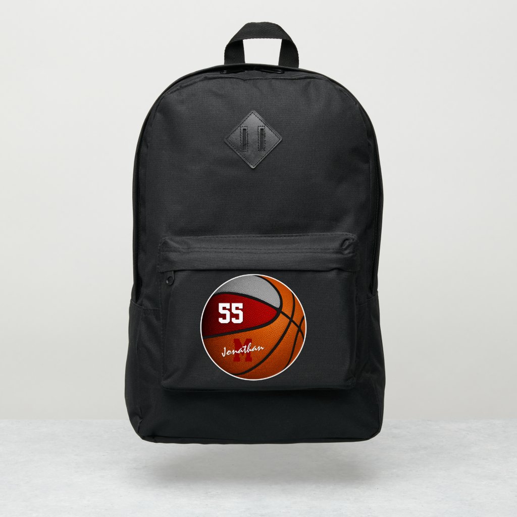 basketball athlete name red gray team colors backpack