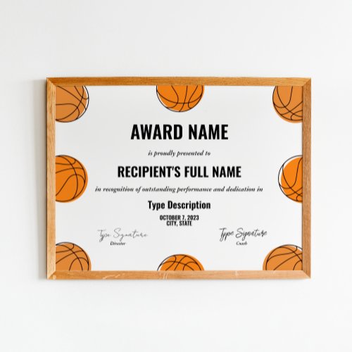 Basketball award certificate mvp award poster
