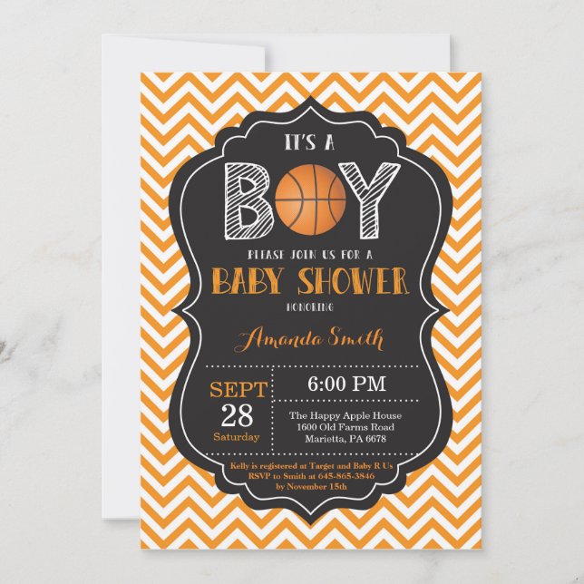 Basketball Baby Shower Invitation Orange Chevron (Front)
