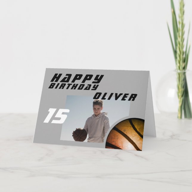Basketball Ball Boy Photo Happy Birthday Card (Front)