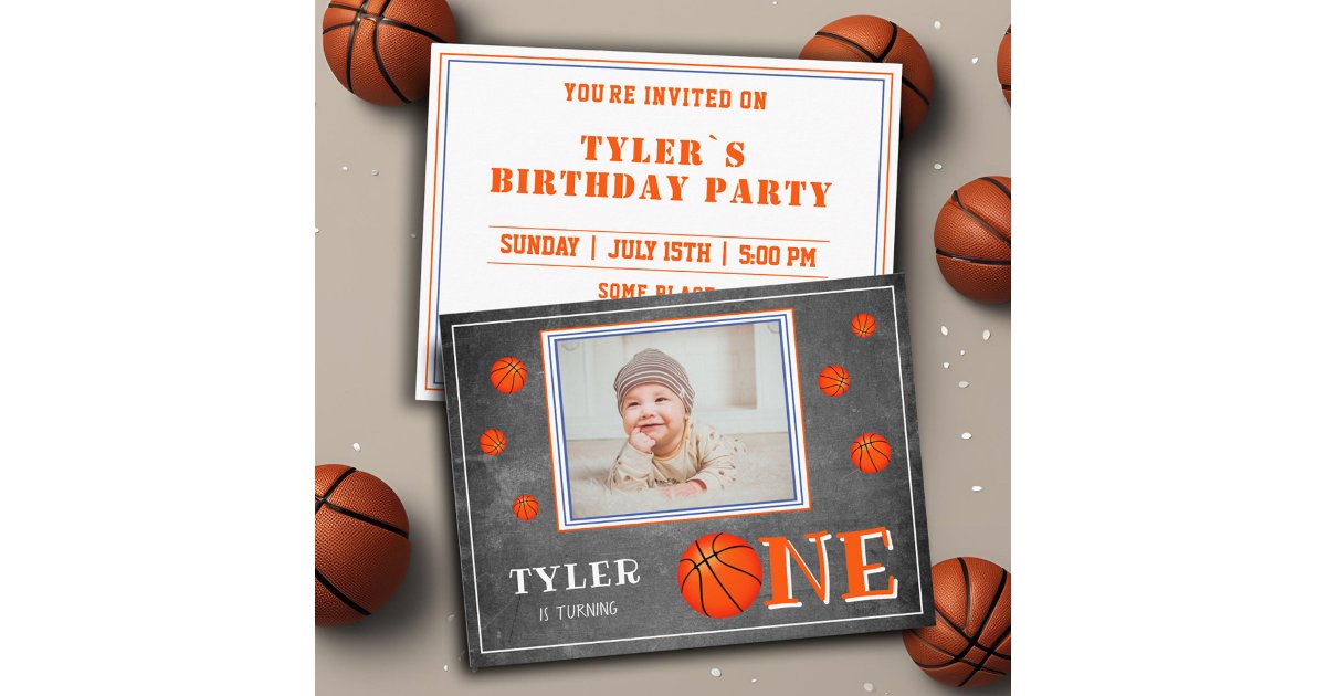 Basketball Ball Chalkboard 1st Birthday Photo Invitation Postcard | Zazzle