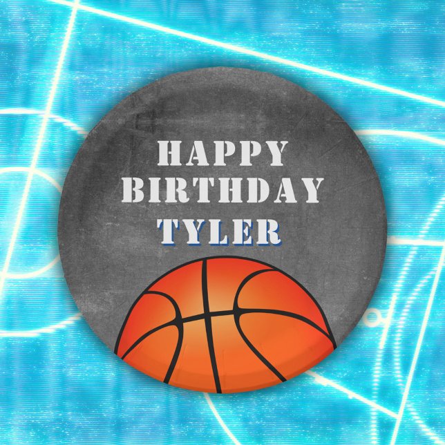 Basketball Ball Chalkboard Photo Birthday Paper Plates (Creator Uploaded)