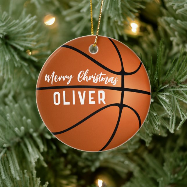 Basketball Ball Custom Name Merry Christmas Ceramic Ornament (Tree)