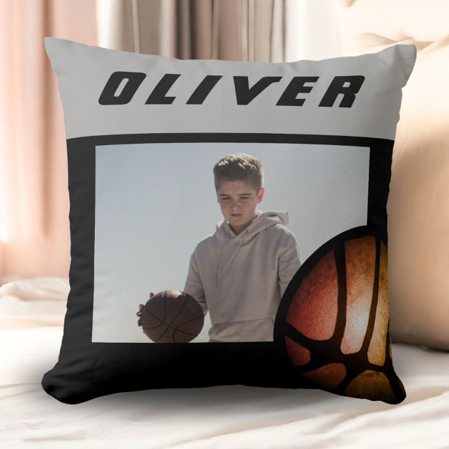 Basketball Ball Custom Photo and Name Throw Pillow (Creator Uploaded)